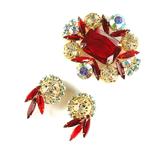 DeLizza & Elster Juliana Red Rhinestone Filigree Ball Brooch and Earrings Demi Parure