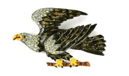 Enamel Pave Crystal Rhinestone Eagle on Branch 1930's Brooch